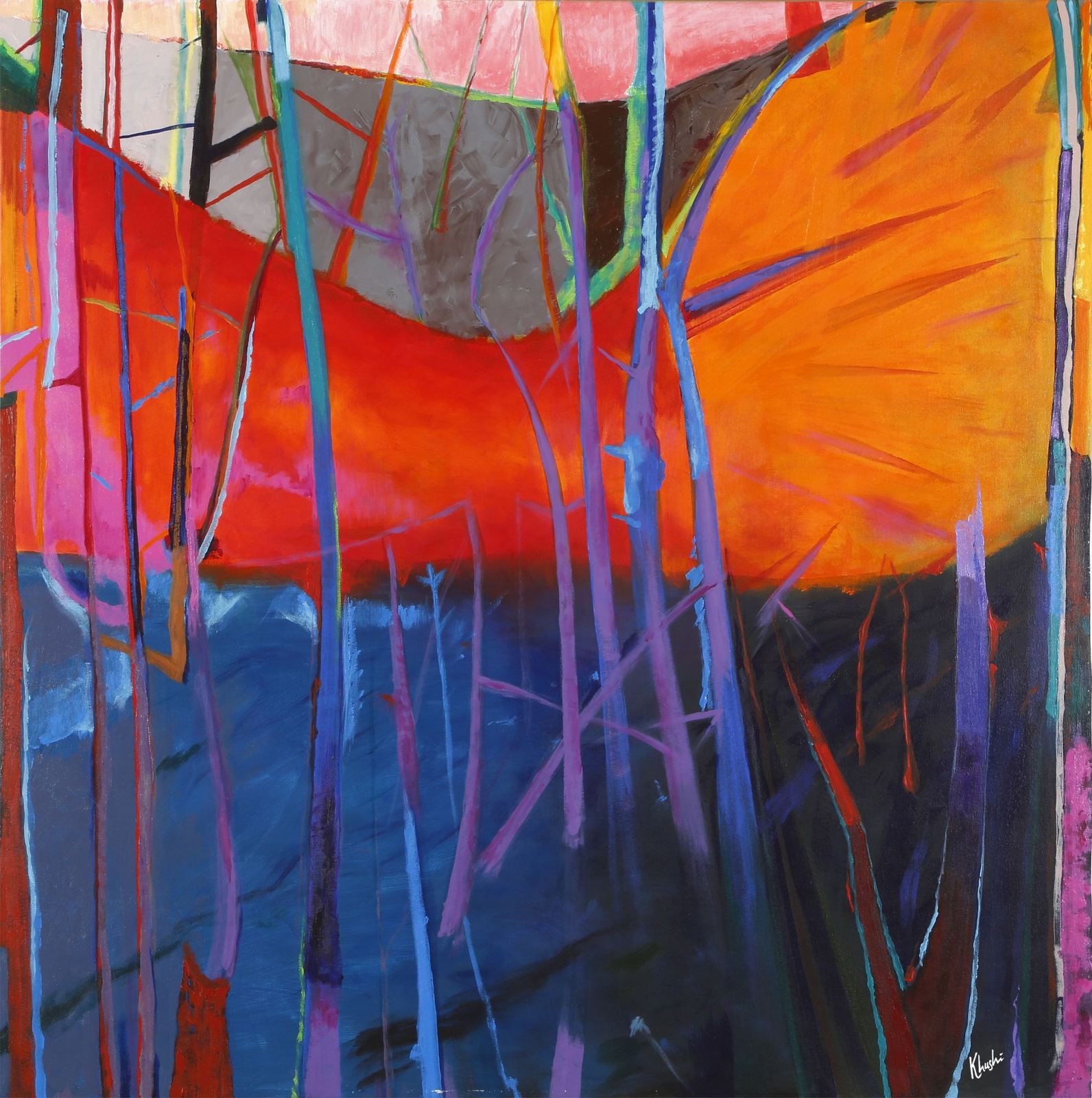 Roots of Fire — original Acrylic and Oil on Canvas, 36" × 36", by Dubai artist Khushi Dhawan