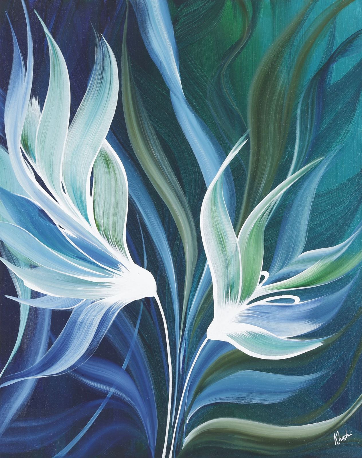 Silent Dive — original Acrylic and Oil on Canvas, 36" × 36", by Dubai artist Khushi Dhawan