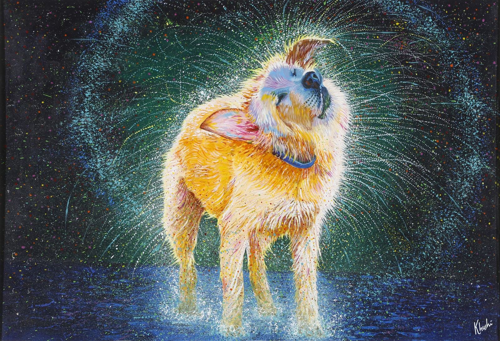 Fluffyquake — original Contemporary realism with expressive and surreal elements — oil & acrylic on canvas, 23" × 34", by Dubai artist Khushi Dhawan